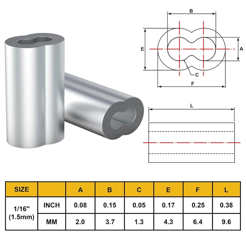 Sanuke 200PCs Wire Rope Sleeves, 1/16'' Cable Ferrules Double Barrel Ferrule Aluminum Crimping Loop Sleeves - Image 3